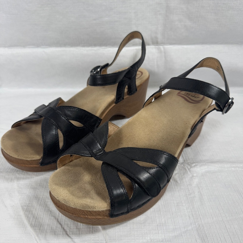 Dansko Womens Tiffani Black Leather Wedge Sandals 9849022200 Size 41 US 9.5